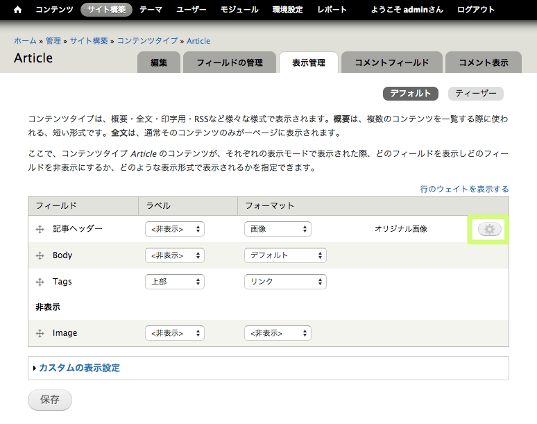 フィールド表示設定の歯車アイコンのボタンに注目