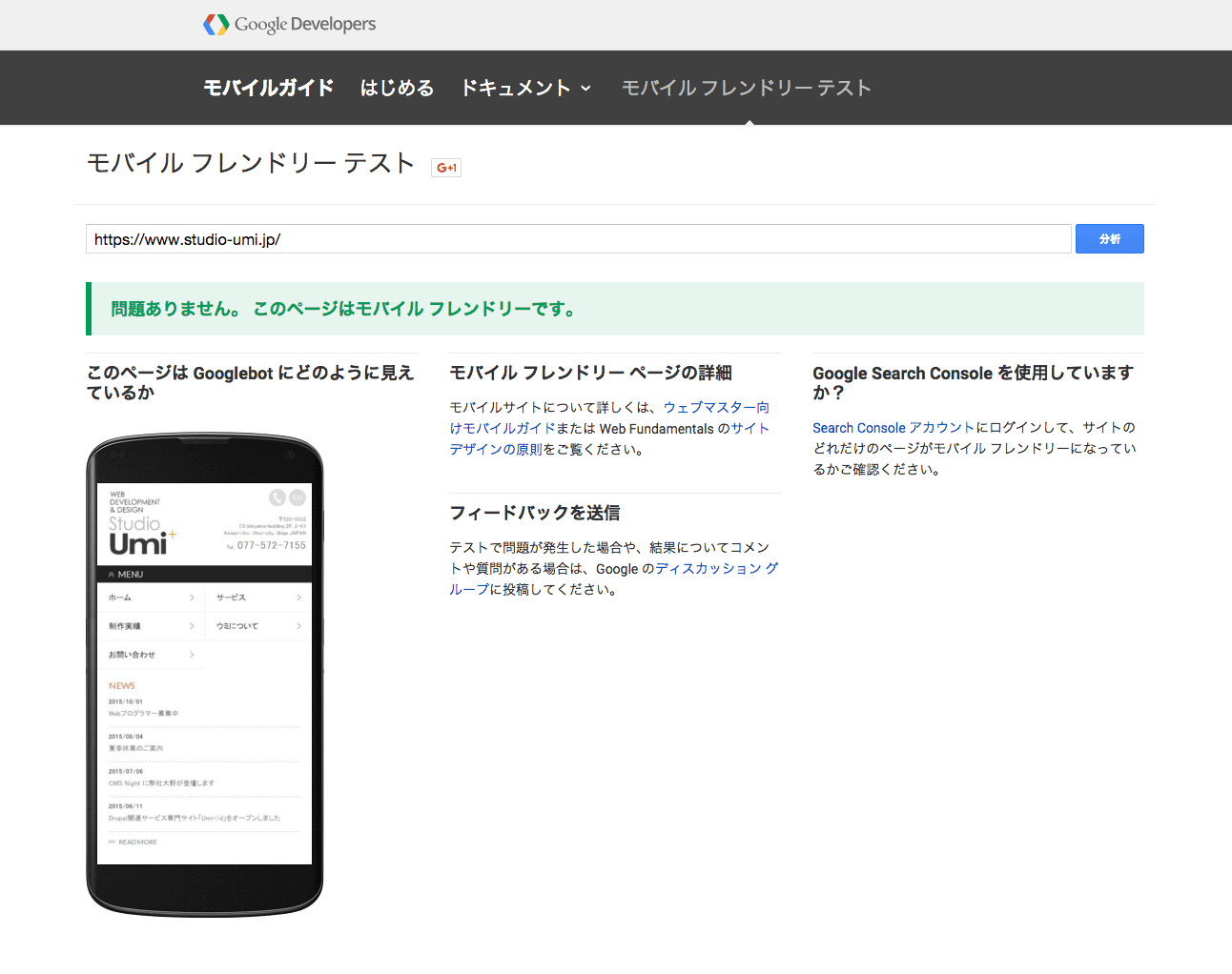 スタジオ・ウミサイト-モバイルフレンドリーテスト結果の画像