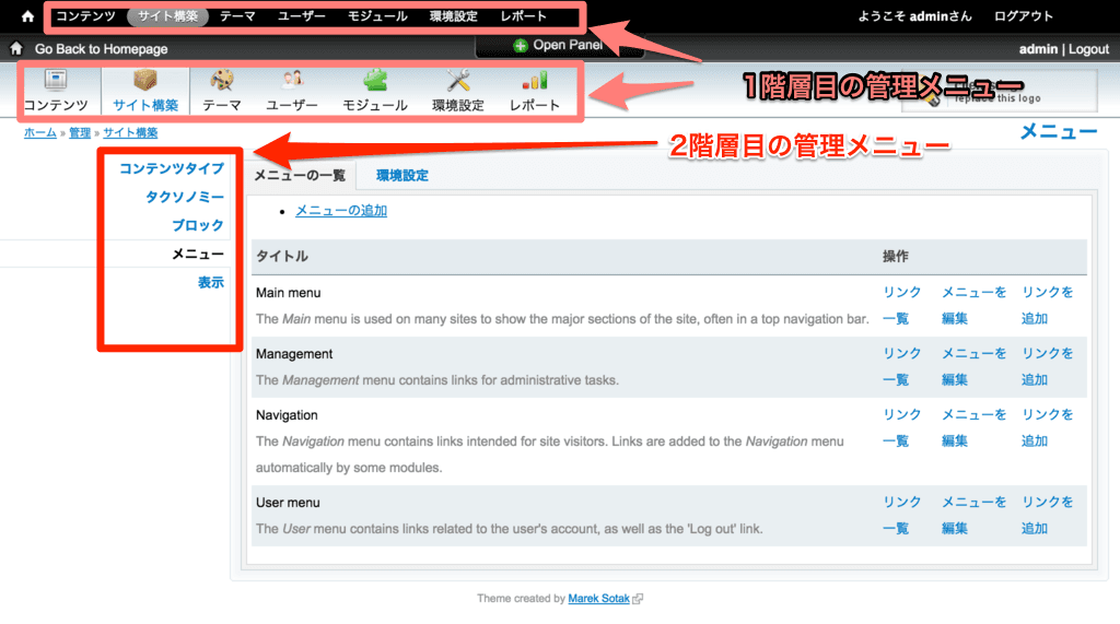 Rootcandyテーマは左サイドに管理用メニューの2階層目のメニューが表示される